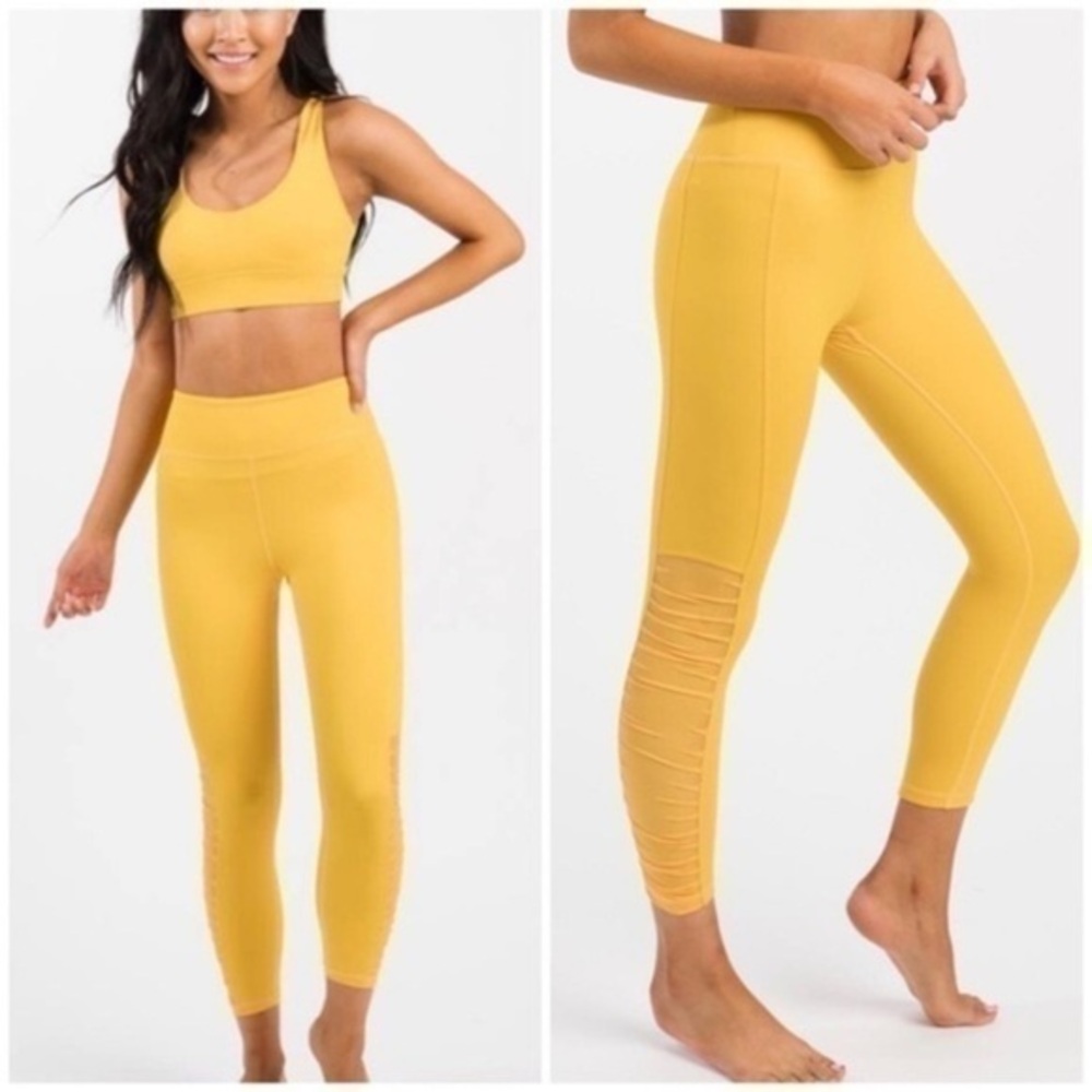 Zyia Daffodil Mesh Light N Tight Yellow‎ Ruched Leggings Pants 2